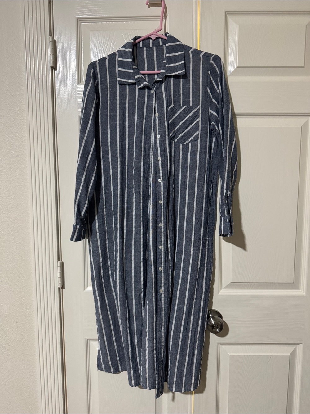 Striped Button-Front Shirt Dress - Navy and White